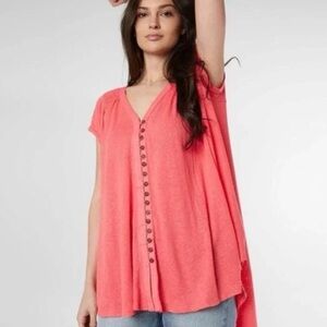 Free People Large  Highland Linen Blend Red Button Front Tee Women's Top
